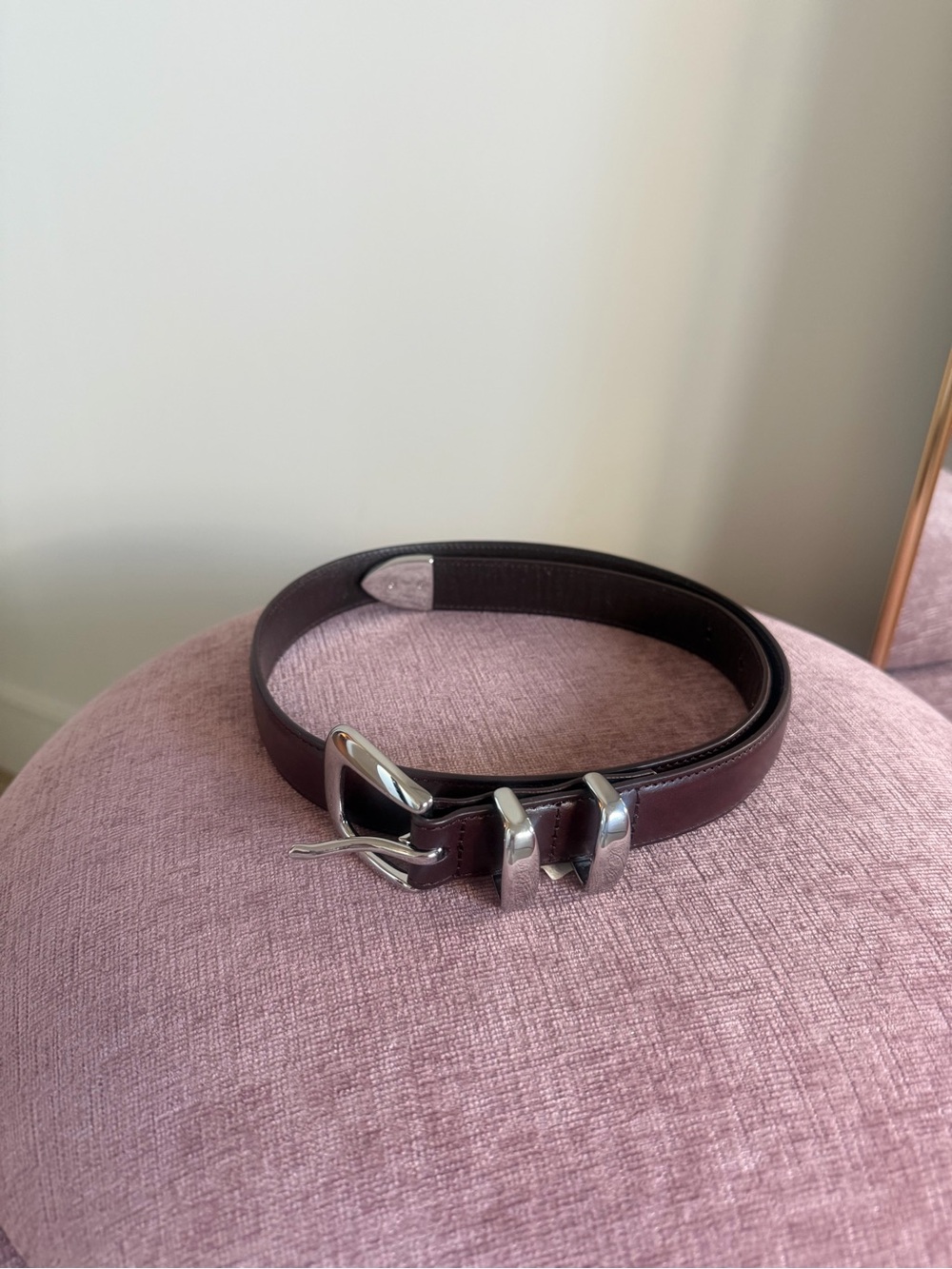 Aritzia Dark Brown burgundy Leather Belt with Silver Buckle